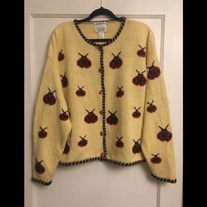 Spring Yellow cardigan w/red ladybugs & blk trim.